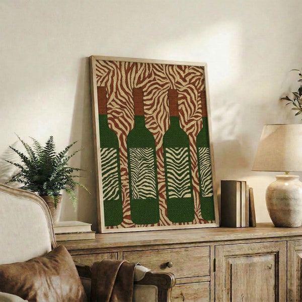 Modern art print displaying abstract wine bottles adorned with organic striped patterns in earthy burgundy and green hues with a structured Bauhaus aesthetic.