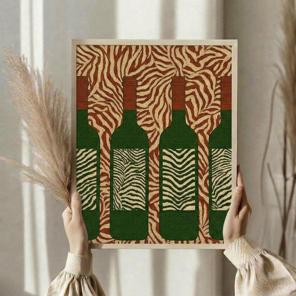 Contemporary framed poster showcasing geometric wine bottle forms with zebra-like wood grain textures in warm cream, burgundy, and forest green colors.