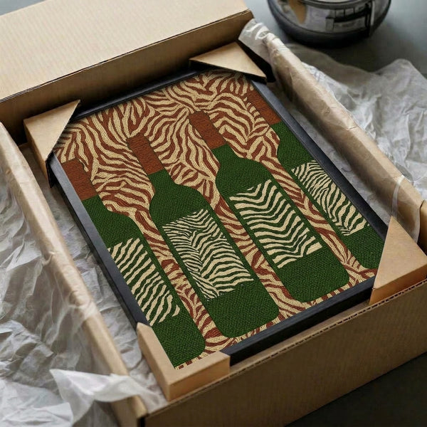 Meditative Bauhaus-style wall art depicting wine bottles with organic striped detailing in muted burgundy and forest green on a cream background, framed and hung indoors.
