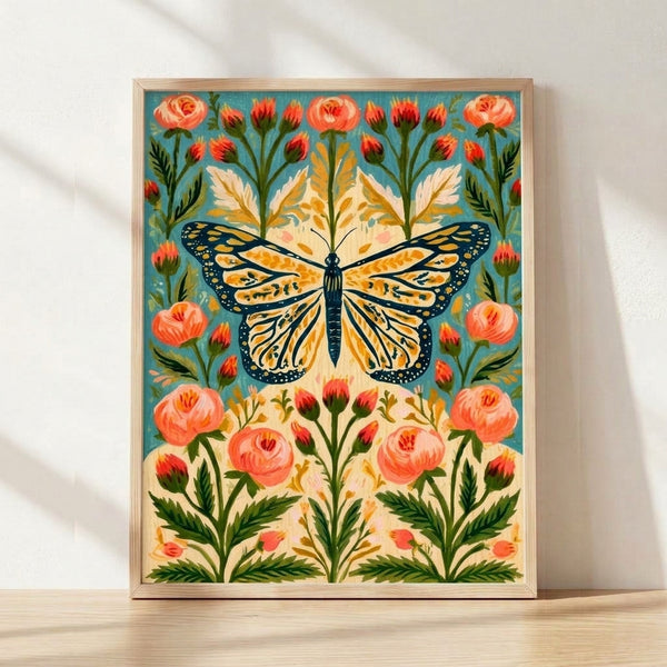 Boho folk art poster featuring an orange monarch butterfly among coral pink and golden yellow roses with teal and forest green foliage on a cream background, framed on a wall.
