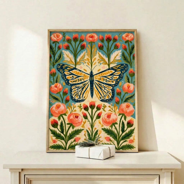 Minimalist botanical wall art with a monarch butterfly perched on cream-colored blooms surrounded by warm pink flowers and cool teal-green leaves in folk art style.