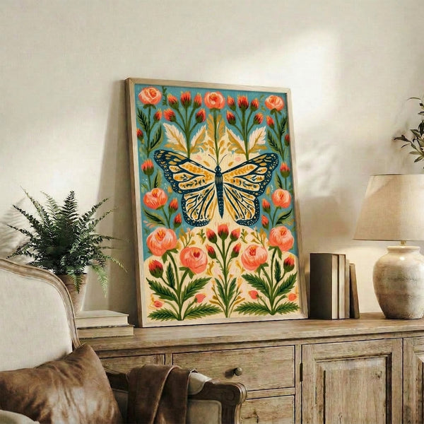 Whimsical framed nature print showcasing a monarch butterfly among stylized roses in coral, gold, and cream tones with peaceful boho folk art aesthetic and leafy botanicals.