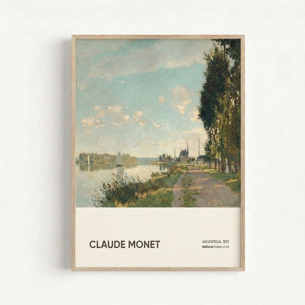 Monet-style landscape featuring a tranquil waterway with sailing vessels, sage foliage, and soft yellow light reflecting across the contemplative scene.
