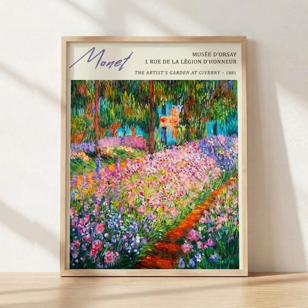 Impressionist painting of a lush garden path lined with blooming irises and vibrant flowers in pink, purple, and green tones, framed as a poster on a wall.