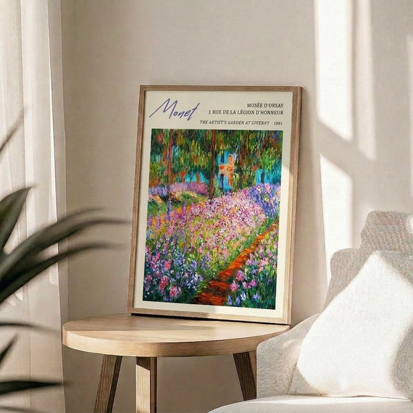 Contemplative Impressionist garden scene with a winding path through blooming irises and colorful vegetation in tranquil greens and purples, displayed as a framed poster.