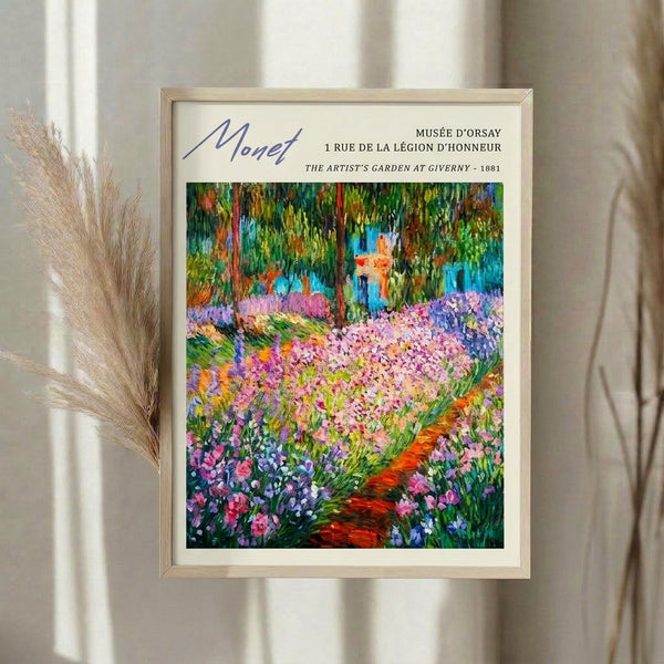 Monet-inspired pastoral landscape print showing a flowering garden with romantic, vibrant blooms in pink and purple against lush green foliage and blue tones, matted and framed.