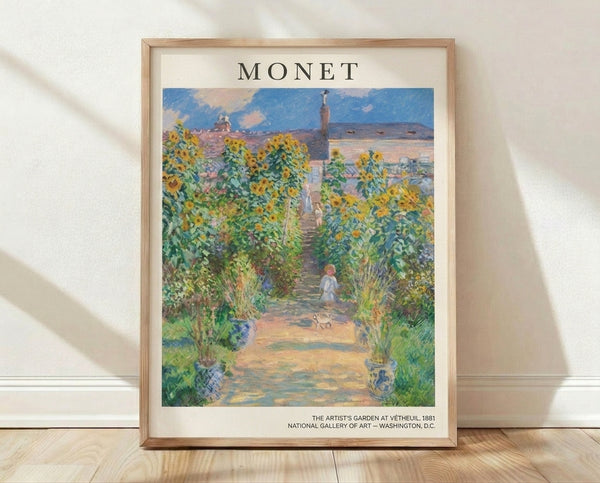 Impressionist garden scene with golden sunflowers and a winding path through lush sage green trees, featuring a woman and child with dog in soft afternoon light, painted in serene luminous tones of cream, mauve, and blue.