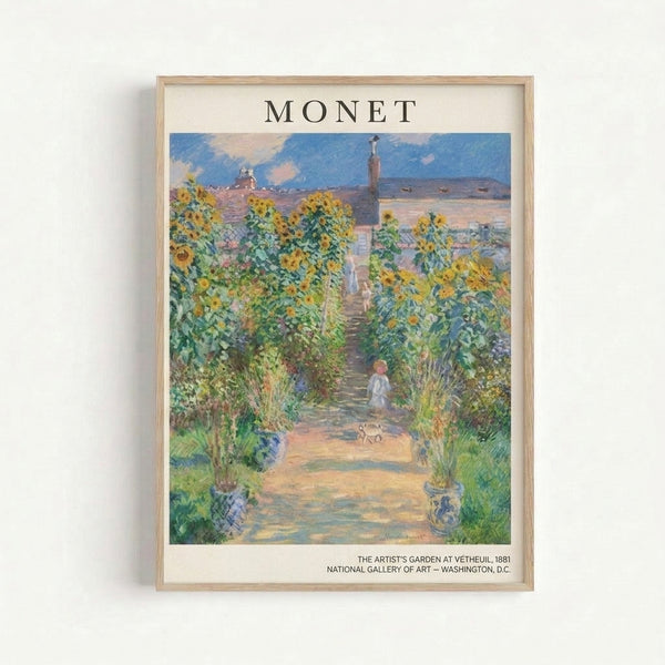 Vintage Impressionist landscape of a sunlit garden path lined with blooming yellow flowers and verdant foliage, a contemplative figure and child strolling with their companion in romantic golden light.