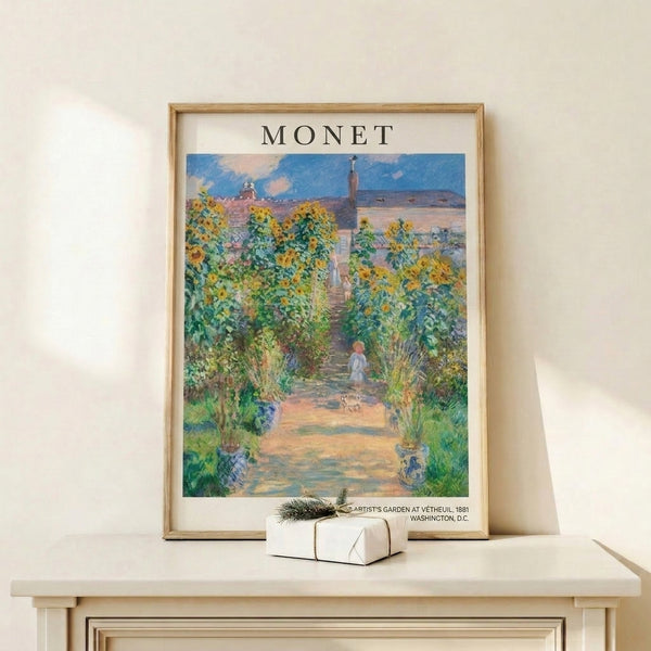 Luminous impressionist painting of an artist's garden abundant with golden sunflowers and winding paths through sage vegetation, figures and dog rendered in dreamy cream and mauve tones beneath a gentle sky.