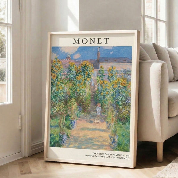 Tranquil impressionist garden scene with vibrant yellow sunflowers framing a peaceful pathway, woman and child accompanied by a dog beneath soft blue skies and green trees in contemplative romantic mood.