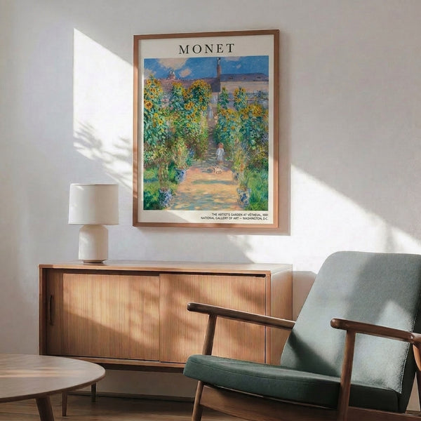 Golden impressionist landscape of a sunlit garden sanctuary with blooming sunflowers, verdant paths, and figures strolling in serene light, painted in soft mauve, cream, sage, and blue hues.