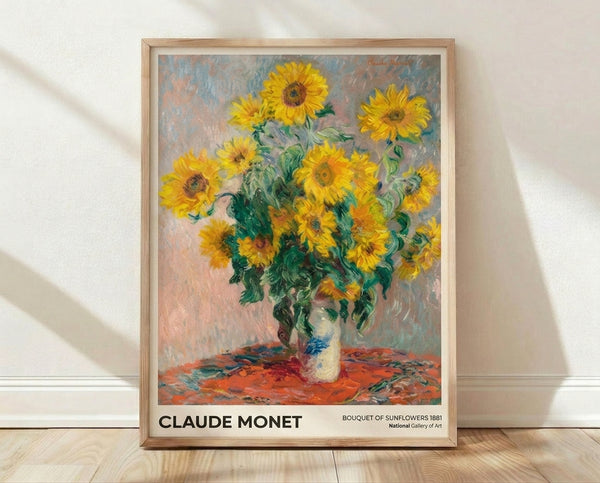 Impressionist oil painting of sunflowers in a vase with golden yellow blooms, sage green stems, and soft cream background, evoking serene warmth and natural beauty.