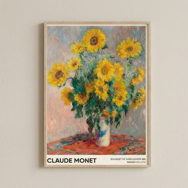Framed Monet-style sunflower bouquet featuring vibrant golden tones against muted sage and cream hues, capturing the luminous quality of Impressionist floral art.