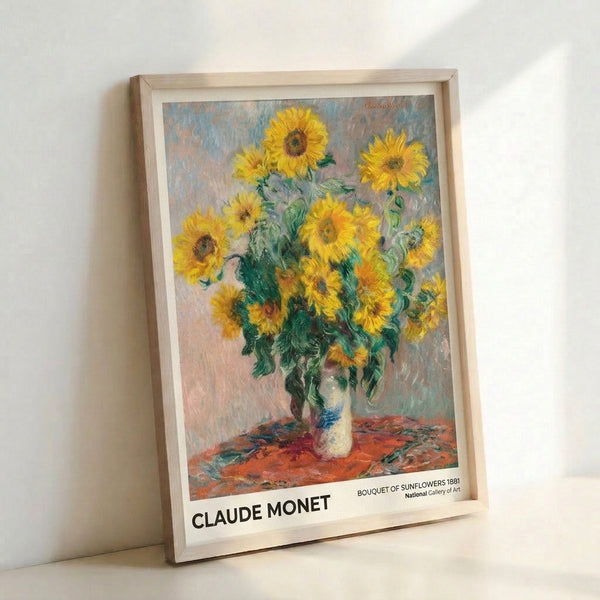 Vintage-inspired sunflower arrangement in warm rust and yellow tones with soft blue accents, rendered in loose Impressionist brushwork on a neutral ground.