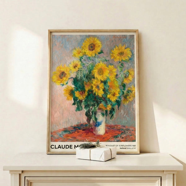Sunflowers in a rustic vase with creamy whites and gentle sage greens, painted in the Impressionist style with uplifting golden and warm ochre hues throughout.
