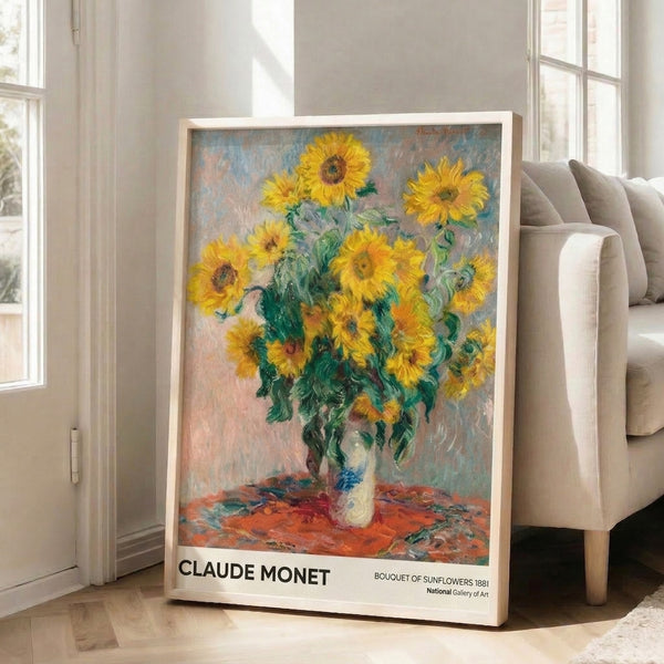 Classical floral still life featuring a bountiful sunflower bouquet in golden yellows with muted sage and cream tones, conveying peaceful, contemplative mood.