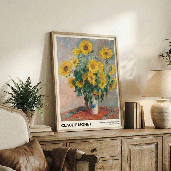 Sunflower arrangement with luminous petals in warm yellow and rust tones against cool sage greens and soft blues, evoking Impressionist light and tranquility.
