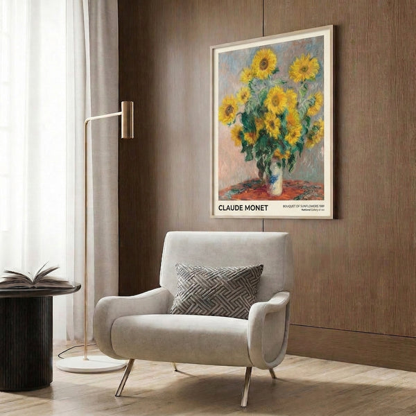 Framed sunflower study with delicate Impressionist handling of golden blooms, cream-white vase, and soft blue and sage background creating serene elegance.