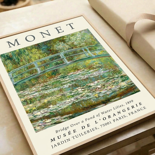 Contemplative impressionist masterpiece showing an arched footbridge reflecting in a lily pond, with soft peachy and golden tones blending into muted blue and green hues.