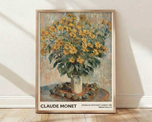 Impressionist oil painting of golden jerusalem artichoke flowers in a vase, rendered in soft yellows, creams, and sage greens with luminous brushwork characteristic of Monet's style.