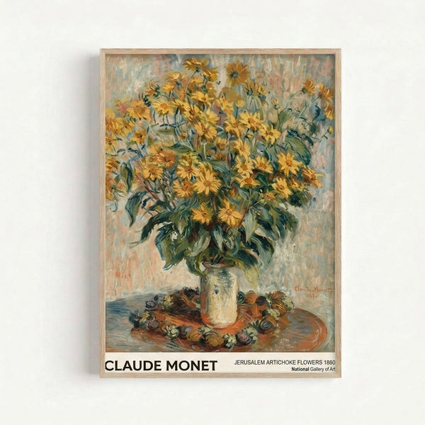 Vintage-style framed art print depicting sunflowers in warm golden tones and muted blues, creating a serene and contemplative mood through impressionistic technique.