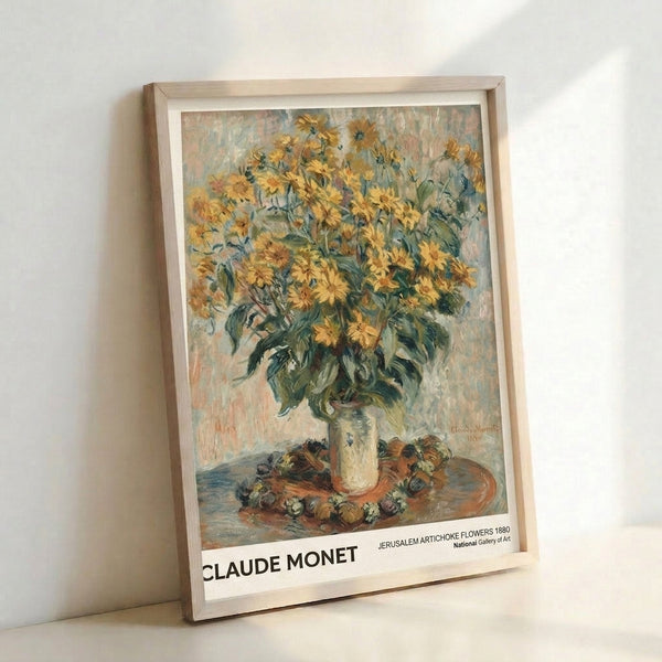 Monet-inspired watercolor study of yellow flowers arranged in a vase on a table, with soft taupe and sage green tones blending in loose, atmospheric brushstrokes.