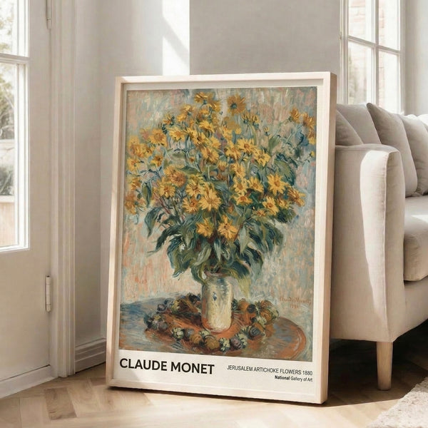 Framed impressionist poster of blooming jerusalem artichokes in cream and golden hues, capturing luminous light and contemplative beauty through soft color harmony.