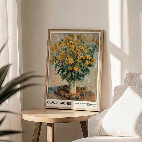 Vintage impressionist artwork of delicate yellow flowers with sage green foliage, rendered in soft washes of taupe and blue for a serene, luminous effect.