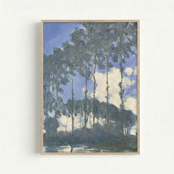 Claude Monet's serene watercolor-style landscape featuring slender poplars lining a peaceful river, displayed as a framed wall art print in muted, natural colors.
