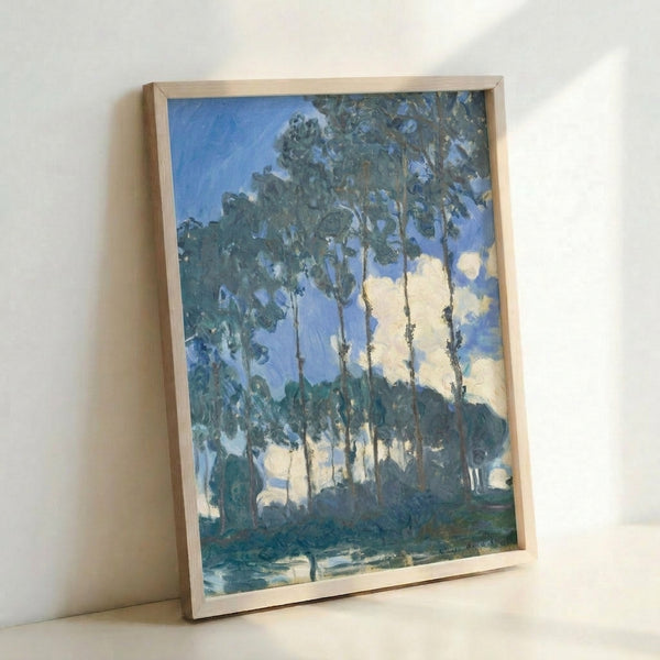 Monet's poetic depiction of riverside poplars in gentle Impressionist style, with soft lavender, sage green, and golden tones creating a tranquil mood.