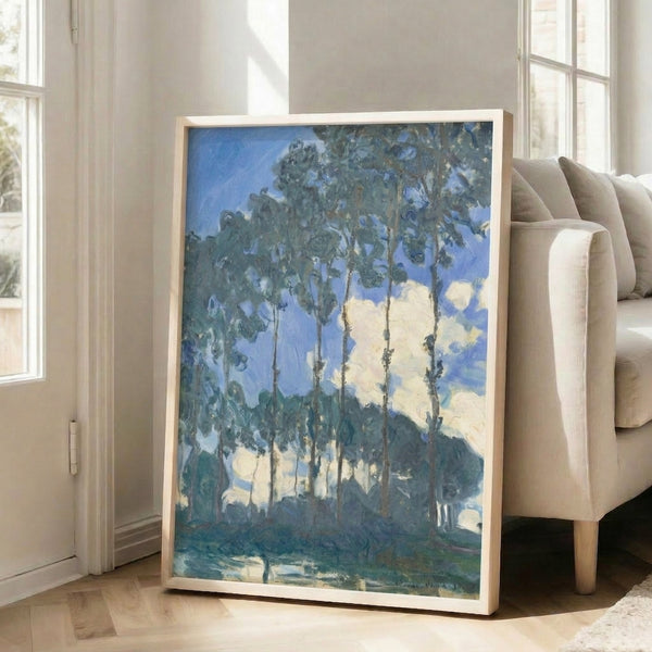 Classic Impressionist river landscape with tall poplar sentries and their water reflections, rendered in a muted palette of cool blues and warm ochres.