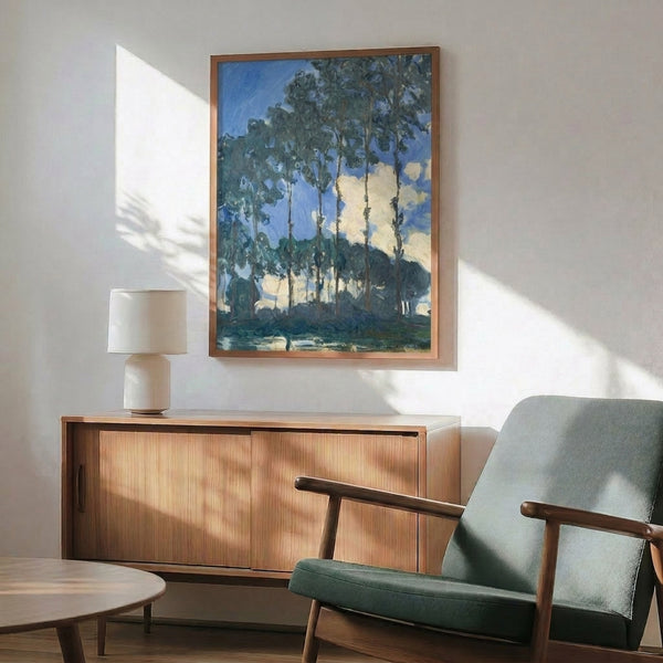 Wall-mounted framed reproduction of Monet's contemplative landscape of poplars and river, featuring the artist's signature soft focus and harmonious color blending.