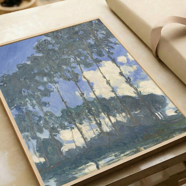 Monet's tranquil Epte River scene with columnar poplars in an Impressionist style, framed and displayed with soft, naturalistic greens and blues throughout the composition.
