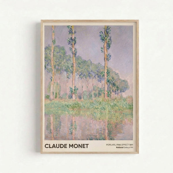 Monet's contemplative poplar tree composition featuring delicate soft green and cream hues with pink undertones, rendered in classic impressionist style as a framed art print.