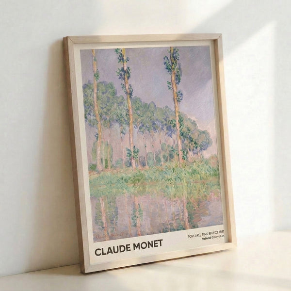 Serene watercolor-inspired landscape of tall poplar trees mirrored in water, painted in muted rose, lavender, and pale yellow tones characteristic of impressionism.