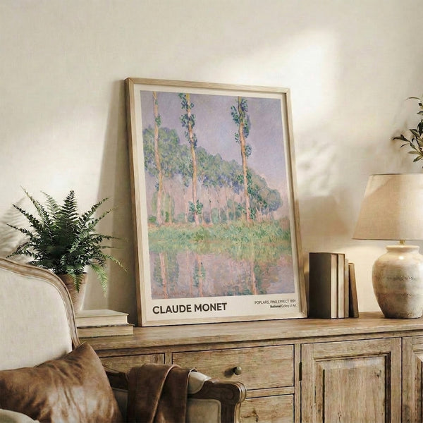 Tranquil poplar tree landscape with impressionist brushwork in pale yellow, soft green, rose pink, and lavender, evoking a peaceful natural reflection.