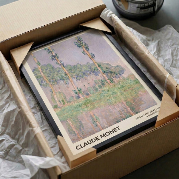 Contemplative impressionist artwork featuring slender poplar trees and their rippled water reflections in soft pastel lavender, pink, and pale yellow hues.
