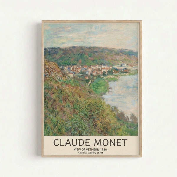 Serene pastoral scene featuring a riverside village with rolling hills and verdant slopes in muted greens and creams, rendered in luminous Impressionist style.