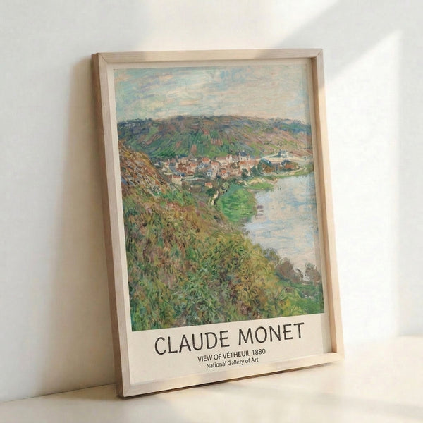 Monet's tranquil view of Vetheuil showing the village along the water's edge, with delicate brushwork capturing soft light across blue and green tones.