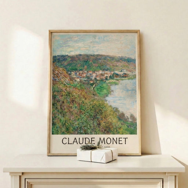 Light-filled Impressionist composition of a French village landscape with gentle hillsides, waterfront setting, and harmonious palette of cream, sage, and pale blue hues.