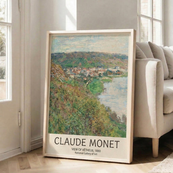 Peaceful riverside landscape depicting Vetheuil's architecture and natural surroundings in soft, atmospheric colors characteristic of Impressionist watercolor painting.
