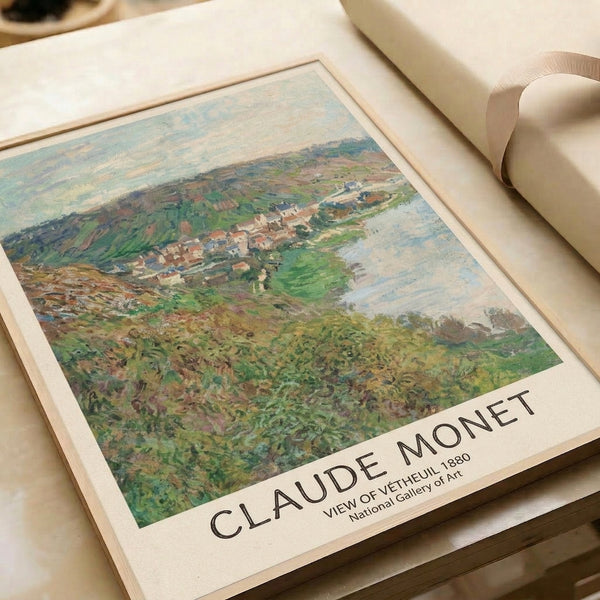 Monet-inspired pastoral landscape showing a quiet village by the river, with impressionistic treatment of light creating a soft, dreamy mood in cream and blue-green hues.