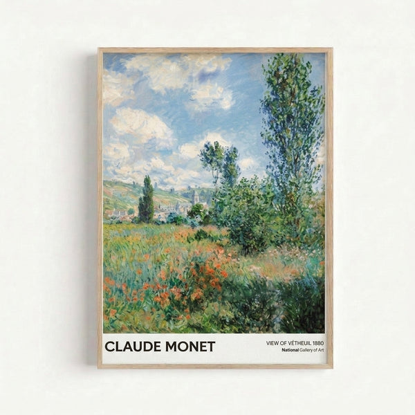 Claude Monet's View of Vetheuil framed poster featuring a bucolic countryside scene with tall poplars, wildflower meadow, and distant village nestled beneath a cream and blue sky.