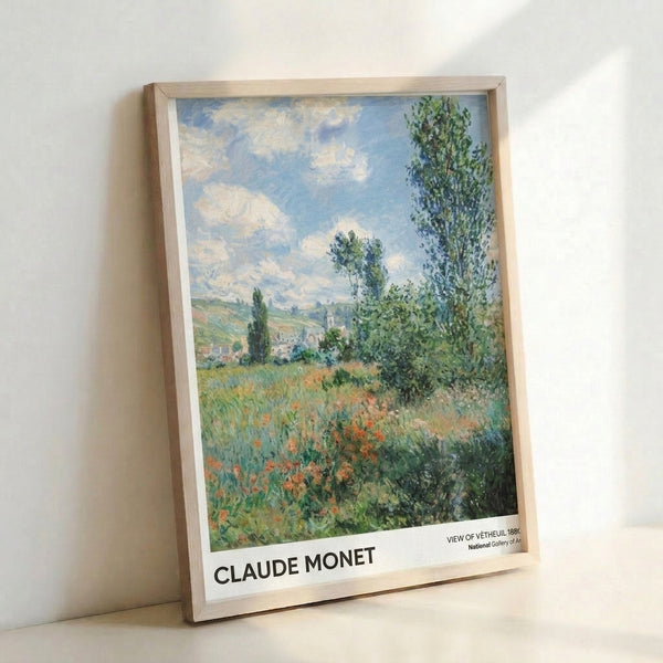 Serene impressionist art print depicting poplar-lined fields with scattered red-orange poppies and a peaceful village view, painted in soft sage greens and sky blues.