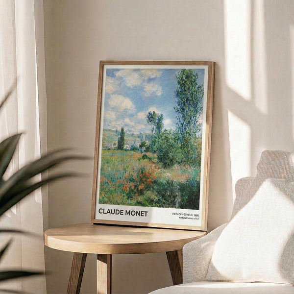 Impressionist poster art of a serene village landscape featuring vertical poplar trees, wildflower field, and distant buildings bathed in soft natural light and cloudscapes.