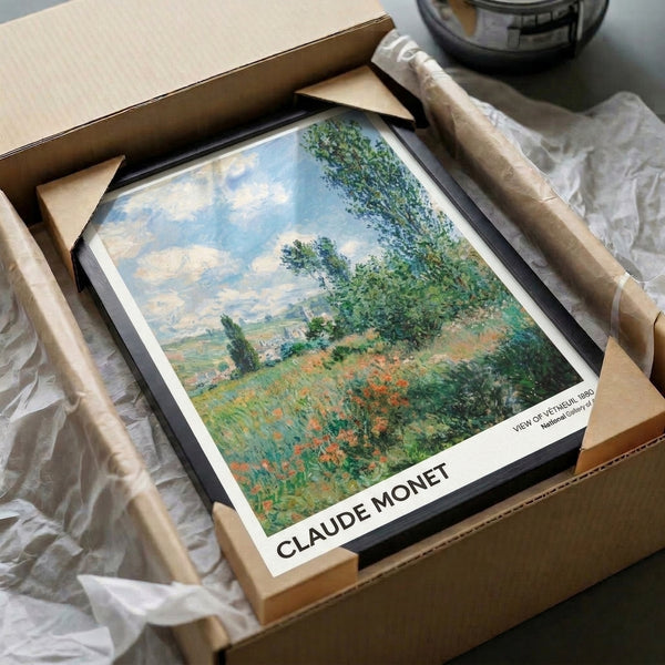 View of Vetheuil landscape painting in impressionist style showing peaceful countryside with poplars, red poppies, and village elements rendered in luminous sky blue and sage green hues.