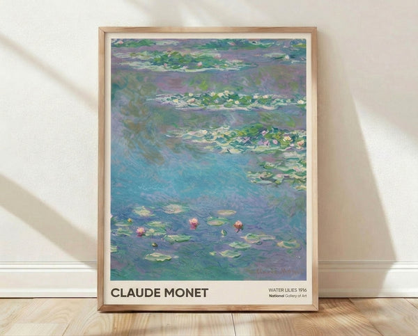 Soft impressionist painting of water lilies floating on a tranquil pond surrounded by lavender and blue tones, framed as a poster on a wall.