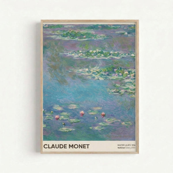 Serene water lily composition with pale pink and green accents reflected in calm blue waters, rendered in gentle impressionist style.