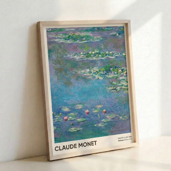 Contemplative pond scene featuring delicate water lilies and lily pads in soft lavender, cream, and blue hues, displayed as wall art.
