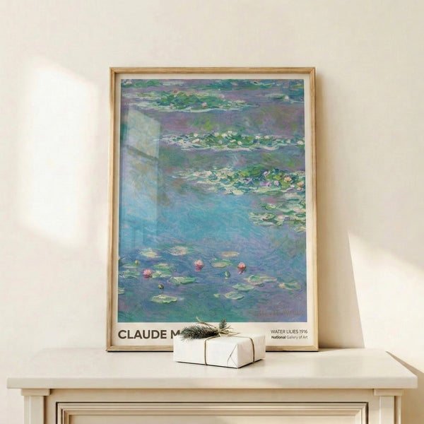 Tranquil impressionist artwork depicting floating lilies and rippling water in soothing shades of blue, green, and pale pink.